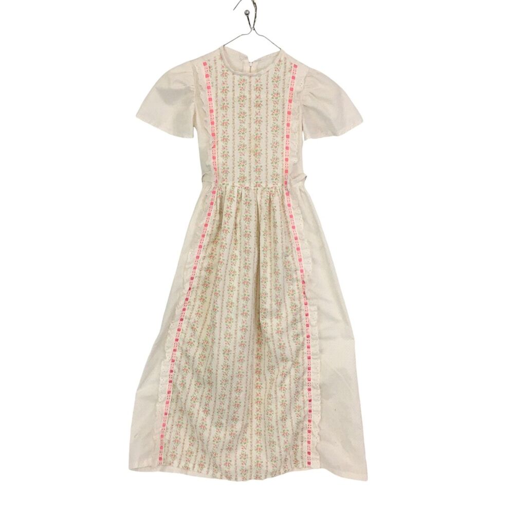 Homemade Vintage 70's Girls Swiss Dot White Pink Maxi Dress, Ribbon 26 Chest